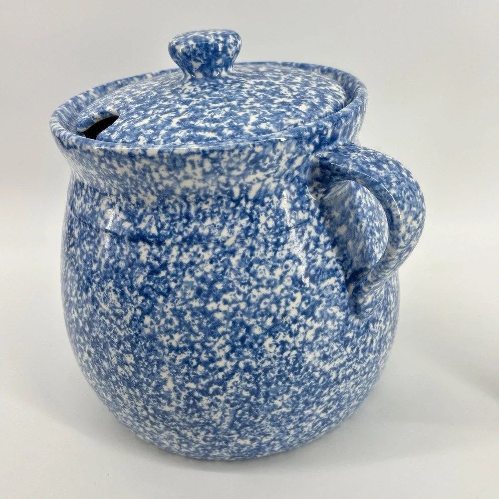 N.S. Gustin Ceramic Goose Jar Ladle Blue Spongeware Stipple Duck Cottagecore